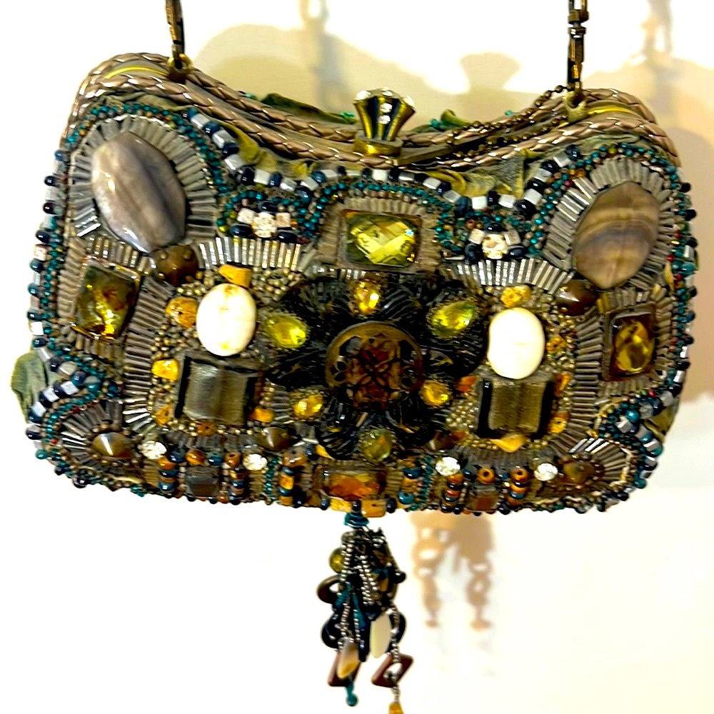 Vintage Mary Frances Beaded and Fabric handBag w/ long beaded shoulder strap